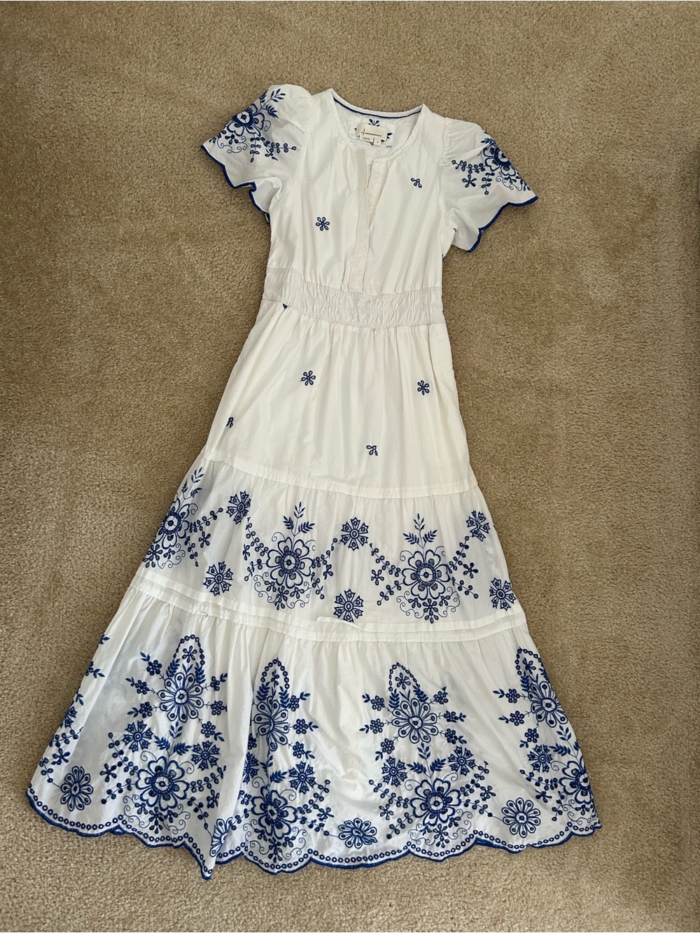 Anthropologie White Maxi Dress with Blue Floral Embroidery